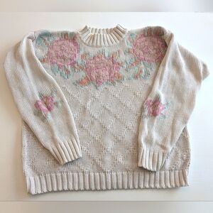 Vintage Floral Knit Crew Neck Sweater - Cream and Pink
